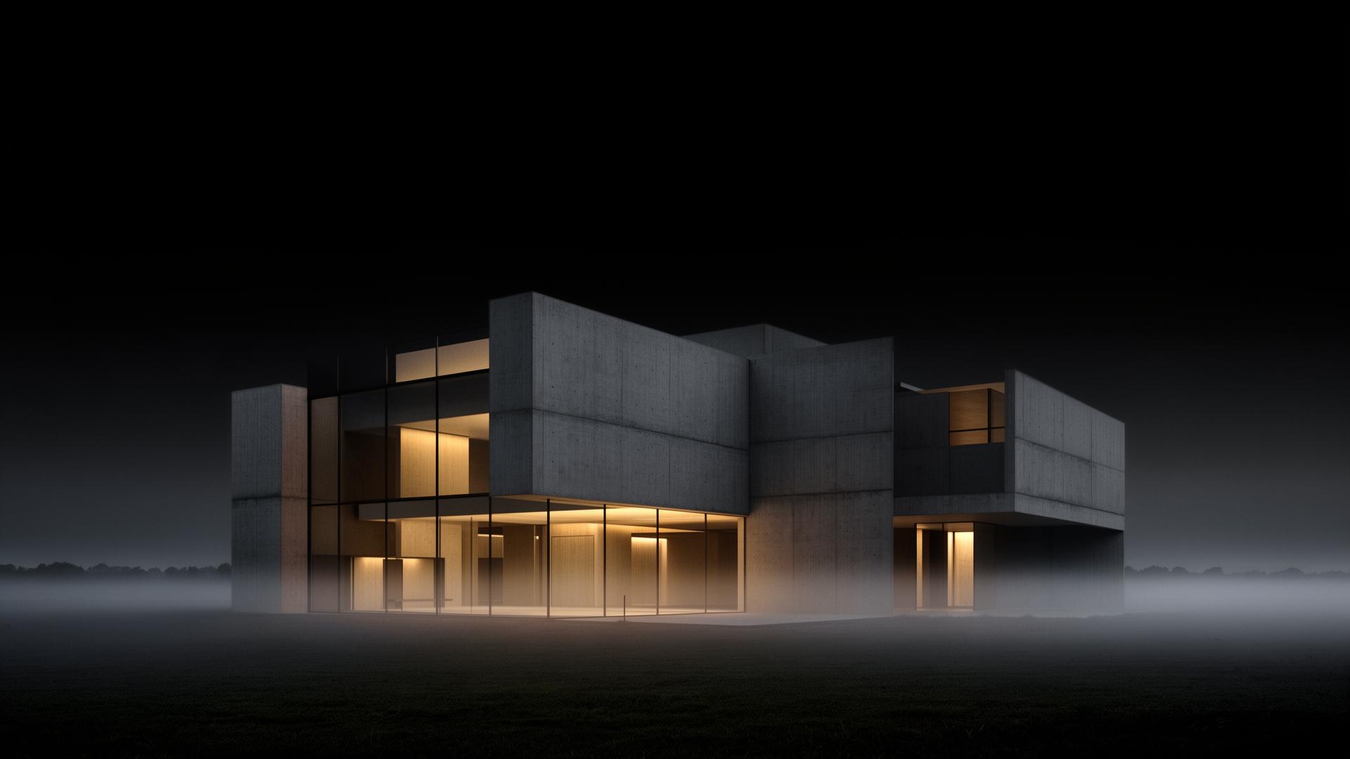 Modernist concrete architecture at dusk